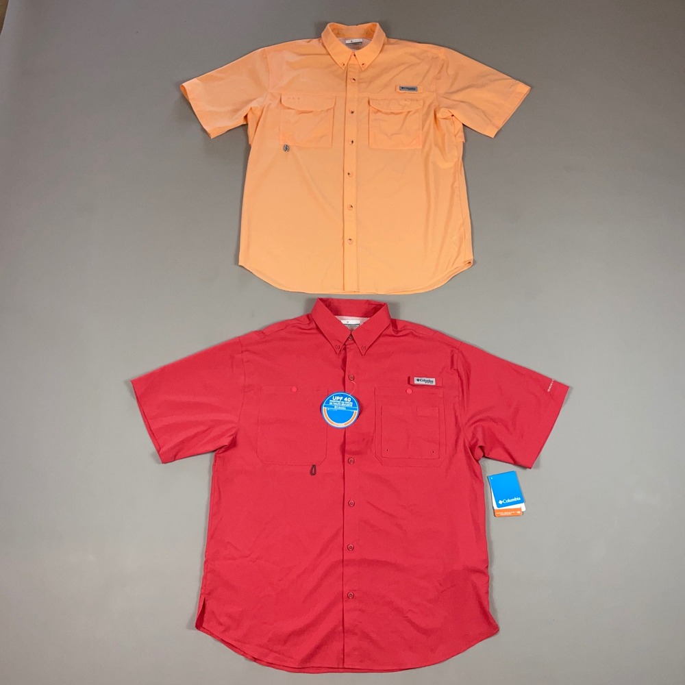 Columbia PFG Mens Fishing Shirts Lot of 2 Red Peach UPF 40 Short Sleeve Large